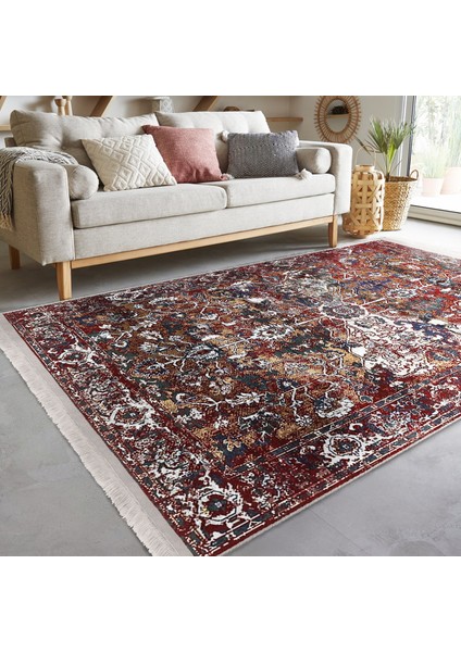 Kırmızı Zeminde Dokuma Halı Motifli Kilim Desenli Etnik Motifler Eskitme Motifli Dijital Baskılı Makinede Yıkanabilir Kaymaz Taban Saçaklı Halı fiyatları