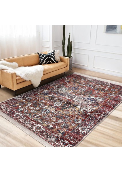 Kırmızı Zeminde Dokuma Halı Motifli Kilim Desenli Etnik Motifler Eskitme Motifli Dijital Baskılı Makinede Yıkanabilir Kaymaz Taban Saçaklı Halı modelleri
