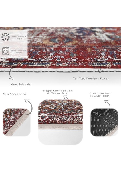 Kırmızı Zeminde Dokuma Halı Motifli Kilim Desenli Etnik Motifler Eskitme Motifli Dijital Baskılı Makinede Yıkanabilir Kaymaz Taban Saçaklı Halı fırsatları