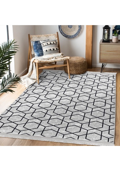 Gri Zeminde Siyah Geometrik Motifli Klasik Desenli Geometrik Dijital Baskılı Makinede Yıkanabilir Kaymaz Taban Saçaklı Halı modelleri