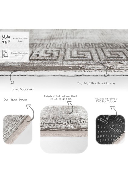 Krem - Gri Zeminde Çerçeveli Motifli Antik Desenli Geometrik Eskitme Motifli Dijital Baskılı Makinede Yıkanabilir Kaymaz Taban Saçaklı Halı