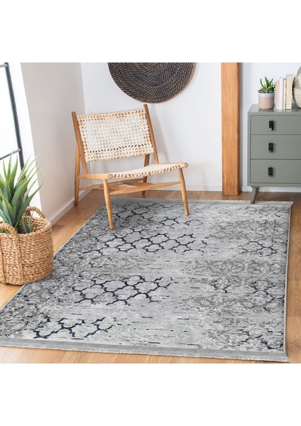 Gri - Lacivert Zeminde Morrocan Motifli Antika Desenli Geometrik Eskitme Motifli Baskılı Makinede Yıkanabilir Kaymaz Taban Saçaklı Halı