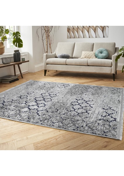 Gri - Lacivert Zeminde Morrocan Motifli Antika Desenli Geometrik Eskitme Motifli Baskılı Makinede Yıkanabilir Kaymaz Taban Saçaklı Halı fiyatları