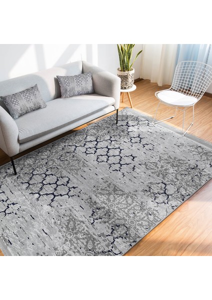 Gri - Lacivert Zeminde Morrocan Motifli Antika Desenli Geometrik Eskitme Motifli Baskılı Makinede Yıkanabilir Kaymaz Taban Saçaklı Halı modelleri