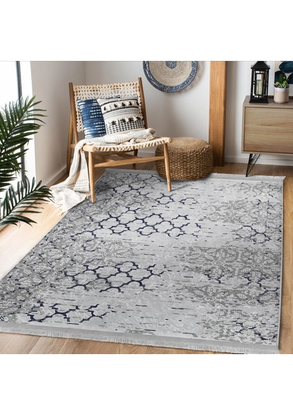 Gri - Lacivert Zeminde Morrocan Motifli Antika Desenli Geometrik Eskitme Motifli Baskılı Makinede Yıkanabilir Kaymaz Taban Saçaklı Halı indirimleri