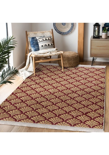 Bordo Zeminde Altın Motifli Yaprak Desenli Floral Dijital Baskılı Makinede Yıkanabilir Kaymaz Taban Saçaklı Halı