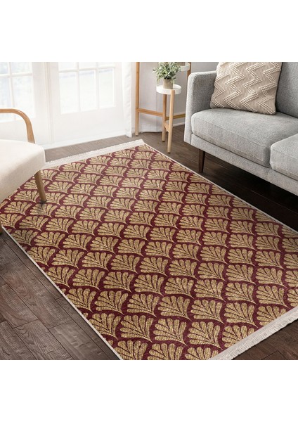 Bordo Zeminde Altın Motifli Yaprak Desenli Floral Dijital Baskılı Makinede Yıkanabilir Kaymaz Taban Saçaklı Halı fiyatları