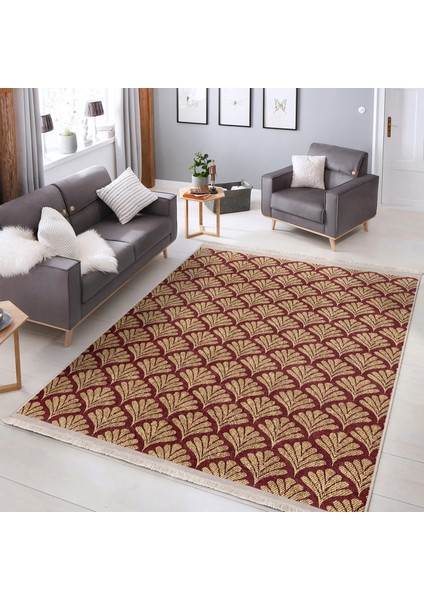 Bordo Zeminde Altın Motifli Yaprak Desenli Floral Dijital Baskılı Makinede Yıkanabilir Kaymaz Taban Saçaklı Halı modelleri