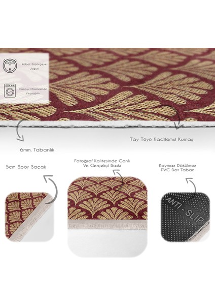 Bordo Zeminde Altın Motifli Yaprak Desenli Floral Dijital Baskılı Makinede Yıkanabilir Kaymaz Taban Saçaklı Halı fırsatları