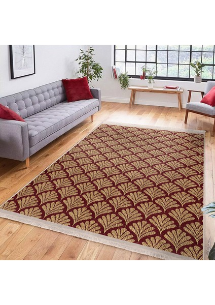 Bordo Zeminde Altın Motifli Yaprak Desenli Floral Dijital Baskılı Makinede Yıkanabilir Kaymaz Taban Saçaklı Halı indirimleri