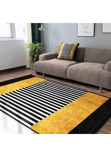 Gold - Siyah Zeminde Modern Sanat Motifli Altın Desenli Geometrik Modern Salon & Oturma Odası Koridor & Antre Dijital Baskılı Makinede Yıkanabilir Kaymaz Taban Saçaklı Halı