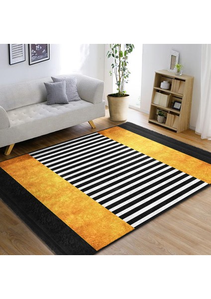 Gold - Siyah Zeminde Modern Sanat Motifli Altın Desenli Geometrik Modern Salon & Oturma Odası Koridor & Antre Dijital Baskılı Makinede Yıkanabilir Kaymaz Taban Saçaklı Halı fiyatları