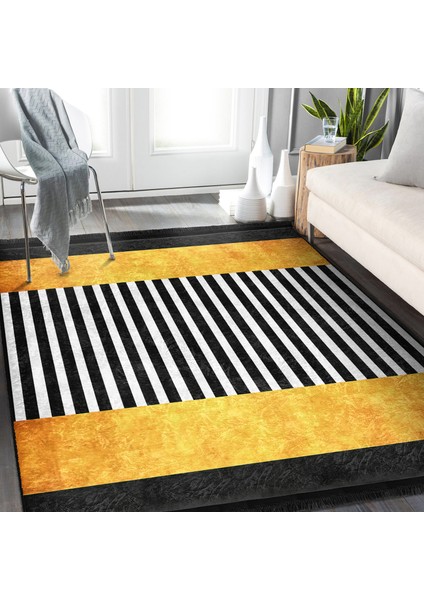 Gold - Siyah Zeminde Modern Sanat Motifli Altın Desenli Geometrik Modern Salon & Oturma Odası Koridor & Antre Dijital Baskılı Makinede Yıkanabilir Kaymaz Taban Saçaklı Halı modelleri
