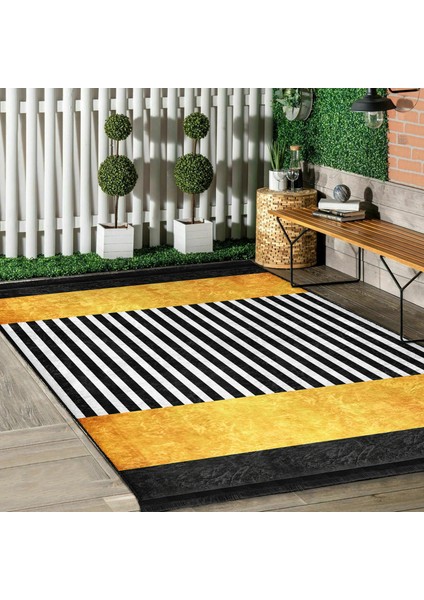 Gold - Siyah Zeminde Modern Sanat Motifli Altın Desenli Geometrik Modern Salon & Oturma Odası Koridor & Antre Dijital Baskılı Makinede Yıkanabilir Kaymaz Taban Saçaklı Halı indirimleri