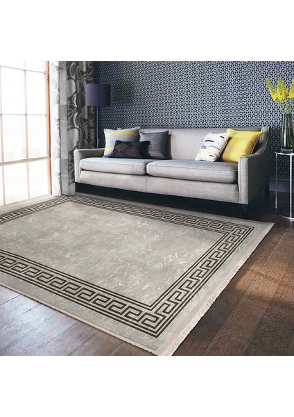 Kahverengi - Bej Zeminde Çerçeveli Motifli Kilim Desenli Avangarde Geometrik Dijital Baskılı Makinede Yıkanabilir Kaymaz Taban Saçaklı Halı