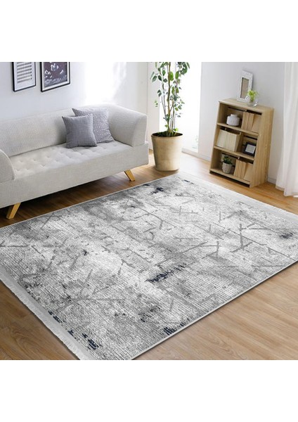 Gri Zeminde Eskitme Motifli Geometrik Desenli Eskitme Motifli Geometrik Dijital Baskılı Makinede Yıkanabilir Kaymaz Taban Saçaklı Halı modelleri