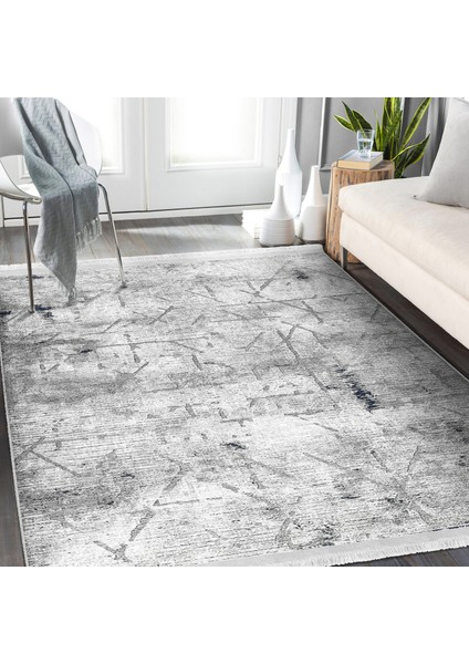 Gri Zeminde Eskitme Motifli Geometrik Desenli Eskitme Motifli Geometrik Dijital Baskılı Makinede Yıkanabilir Kaymaz Taban Saçaklı Halı indirimleri