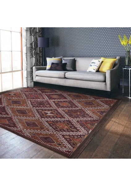 Kahverengi Zeminde Kilim Motifli Anadolu Desenli Avangarde Geometrik Dijital Baskılı Makinede Yıkanabilir Kaymaz Taban Saçaklı Halı