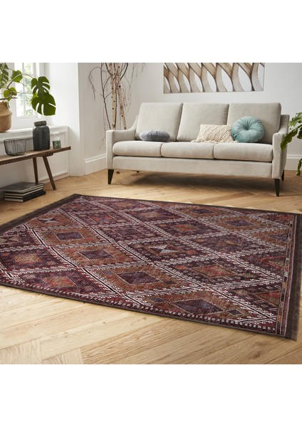Kahverengi Zeminde Kilim Motifli Anadolu Desenli Avangarde Geometrik Dijital Baskılı Makinede Yıkanabilir Kaymaz Taban Saçaklı Halı modelleri