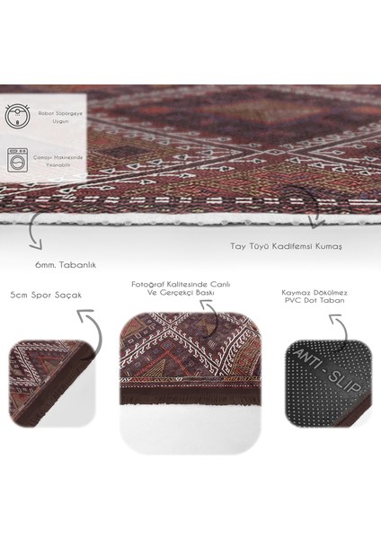 Kahverengi Zeminde Kilim Motifli Anadolu Desenli Avangarde Geometrik Dijital Baskılı Makinede Yıkanabilir Kaymaz Taban Saçaklı Halı fırsatları