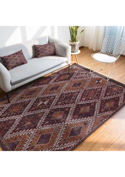 Kahverengi Zeminde Kilim Motifli Anadolu Desenli Avangarde Geometrik Dijital Baskılı Makinede Yıkanabilir Kaymaz Taban Saçaklı Halı indirimleri