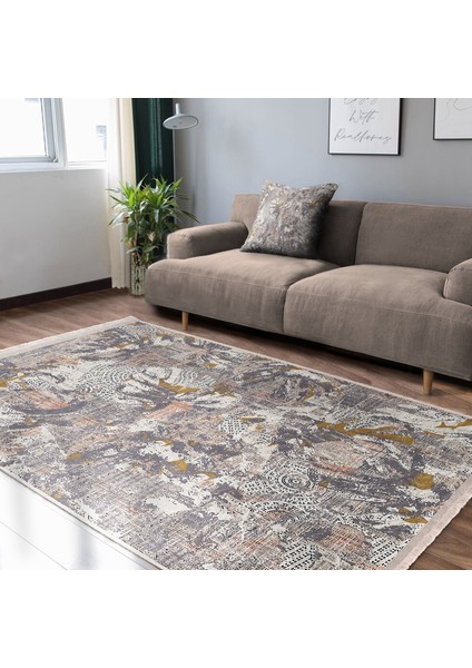 Krem - Gri Zeminde Örgü Motifli Otantik Desenli Eskitme Motifli Vintage Dijital Baskılı Makinede Yıkanabilir Kaymaz Taban Saçaklı Halı