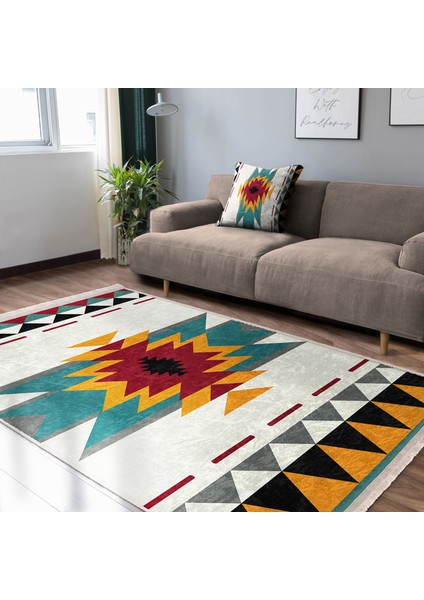 Krem Zeminde Geleneksel Motifli Kilim Desenli Etnik Motifler Geometrik Dijital Baskılı Makinede Yıkanabilir Kaymaz Taban Saçaklı Halı modelleri