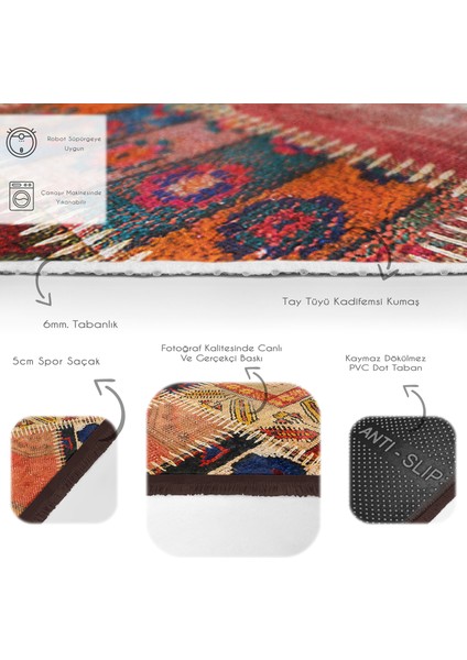 Kırmızı Zeminde Patchwork Motifli Kırkyama Desenli Vintage Etnik Motifler Dijital Baskılı Makinede Yıkanabilir Kaymaz Taban Saçaklı Halı fırsatları
