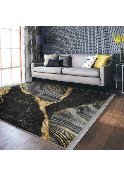 Gold - Siyah Zeminde Mermer Motifli Modern Sanat Desenli Klasik Banyo Balkon Dijital Baskılı Makinede Yıkanabilir Kaymaz Taban Saçaklı Halı fiyatları
