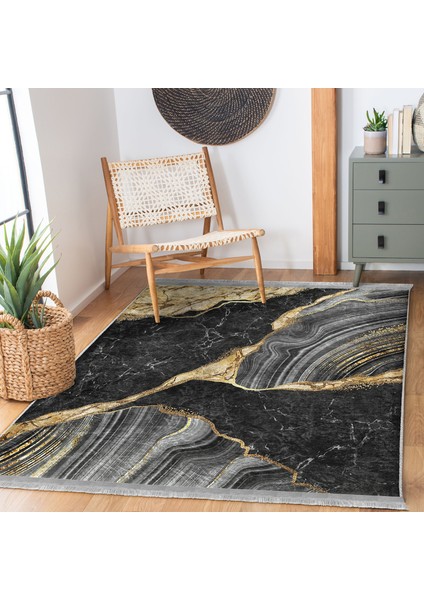Gold - Siyah Zeminde Mermer Motifli Modern Sanat Desenli Klasik Banyo Balkon Dijital Baskılı Makinede Yıkanabilir Kaymaz Taban Saçaklı Halı modelleri