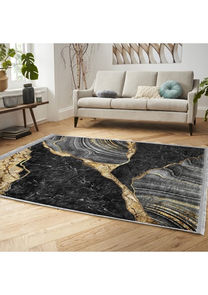 Gold - Siyah Zeminde Mermer Motifli Modern Sanat Desenli Klasik Banyo Balkon Dijital Baskılı Makinede Yıkanabilir Kaymaz Taban Saçaklı Halı indirimleri