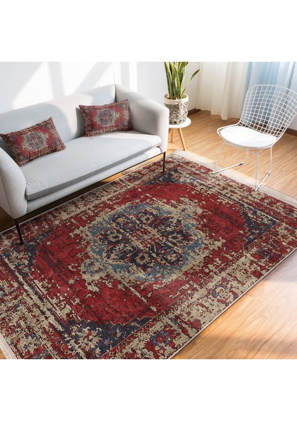 Kırmızı Zeminde Yöresel Motifli Kilim Desenli Eskitme Motifli Avangarde Dijital Baskılı Makinede Yıkanabilir Kaymaz Taban Saçaklı Halı fiyatları