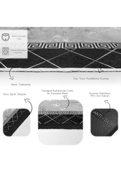 Siyah - Gri Zeminde Çerçeveli Motifli Mermer Desenli Geometrik Dijital Baskılı Makinede Yıkanabilir Kaymaz Taban Saçaklı Halı fırsatları