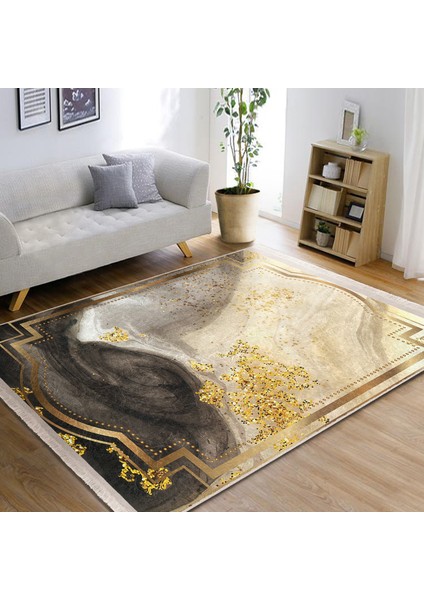 Gold Zeminde Çerçeveli Motifli Mermer Desenli Klasik Avangarde Dijital Baskılı Makinede Yıkanabilir Kaymaz Taban Saçaklı Halı modelleri