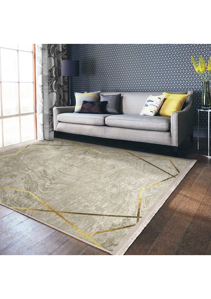 Krem - Gold Zeminde Çerçeveli Motifli Mermer Desenli Klasik Geometrik Dijital Baskılı Makinede Yıkanabilir Kaymaz Taban Saçaklı Halı