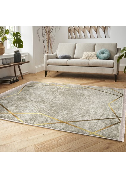 Krem - Gold Zeminde Çerçeveli Motifli Mermer Desenli Klasik Geometrik Dijital Baskılı Makinede Yıkanabilir Kaymaz Taban Saçaklı Halı modelleri