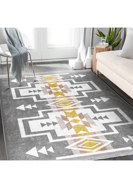 Gri Zeminde Tribal Motifli Geometrik Desenli Etnik Motifler Vintage Dijital Baskılı Makinede Yıkanabilir Kaymaz Taban Saçaklı Halı