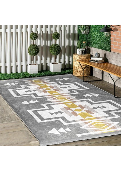 Gri Zeminde Tribal Motifli Geometrik Desenli Etnik Motifler Vintage Dijital Baskılı Makinede Yıkanabilir Kaymaz Taban Saçaklı Halı fiyatları