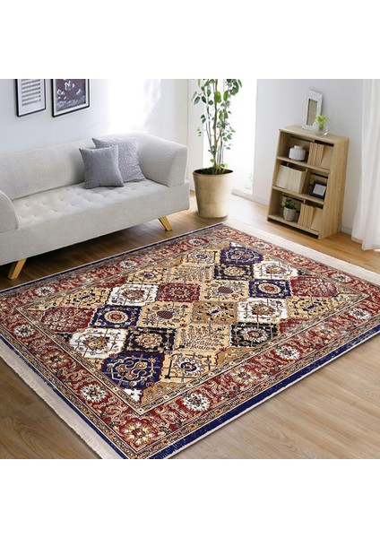 Lacivert- Krem Zeminde Yöresel Motifli Etnik Desenli Eskitme Motifli Vintage Dijital Baskılı Makinede Yıkanabilir Kaymaz Taban Saçaklı Halı fiyatları