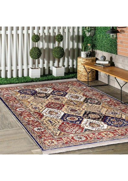 Lacivert- Krem Zeminde Yöresel Motifli Etnik Desenli Eskitme Motifli Vintage Dijital Baskılı Makinede Yıkanabilir Kaymaz Taban Saçaklı Halı indirimleri