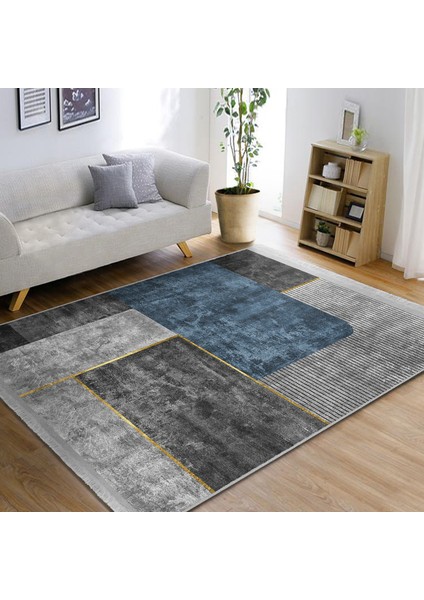 Füme - Mavi Zeminde Geometrik Motifli Modern Sanat Desenli Geometrik Dijital Baskılı Makinede Yıkanabilir Kaymaz Taban Saçaklı Halı indirimleri