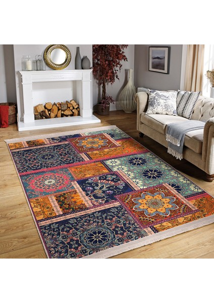 Floral Zeminde Patchwork Motifli Otantik Desenli Vintage Geometrik Dijital Baskılı Makinede Yıkanabilir Kaymaz Taban Saçaklı Halı