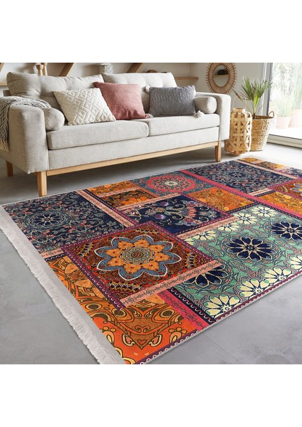 Floral Zeminde Patchwork Motifli Otantik Desenli Vintage Geometrik Dijital Baskılı Makinede Yıkanabilir Kaymaz Taban Saçaklı Halı fiyatları