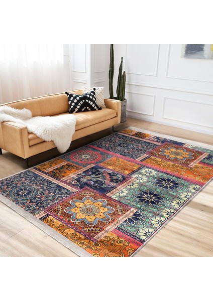 Floral Zeminde Patchwork Motifli Otantik Desenli Vintage Geometrik Dijital Baskılı Makinede Yıkanabilir Kaymaz Taban Saçaklı Halı modelleri