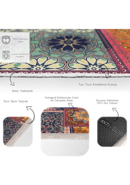 Floral Zeminde Patchwork Motifli Otantik Desenli Vintage Geometrik Dijital Baskılı Makinede Yıkanabilir Kaymaz Taban Saçaklı Halı fırsatları