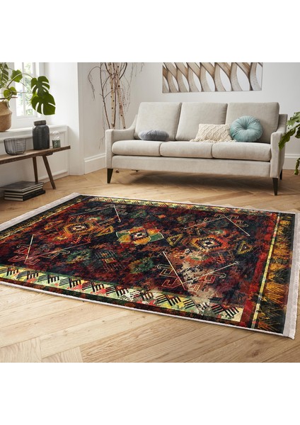 Lacivert Zeminde Eskitme Motifli Kilim Desenli Eskitme Motifli Etnik Motifler Dijital Baskılı Makinede Yıkanabilir Kaymaz Taban Saçaklı Halı
