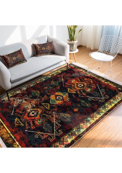 Lacivert Zeminde Eskitme Motifli Kilim Desenli Eskitme Motifli Etnik Motifler Dijital Baskılı Makinede Yıkanabilir Kaymaz Taban Saçaklı Halı fiyatları