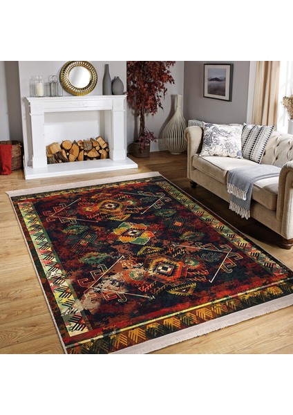 Lacivert Zeminde Eskitme Motifli Kilim Desenli Eskitme Motifli Etnik Motifler Dijital Baskılı Makinede Yıkanabilir Kaymaz Taban Saçaklı Halı indirimleri