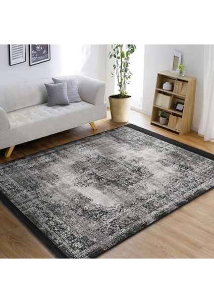 Gri Zeminde Damask Motifli Kilim Desenli Eskitme Motifli Etnik Motifler Dijital Baskılı Makinede Yıkanabilir Kaymaz Taban Saçaklı Halı indirimleri