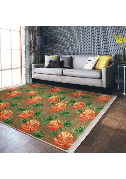Hasır Zeminde Egzotik Yapraklar Motifli Turuncu ve Yeşil Lotus Desenli Floral Summer & Fresh Dış Mekan & Outdoor Yatak Odası Dijital Baskılı Makinede Yıkanabilir Kaymaz Taban Saçaklı Halı fiyatları